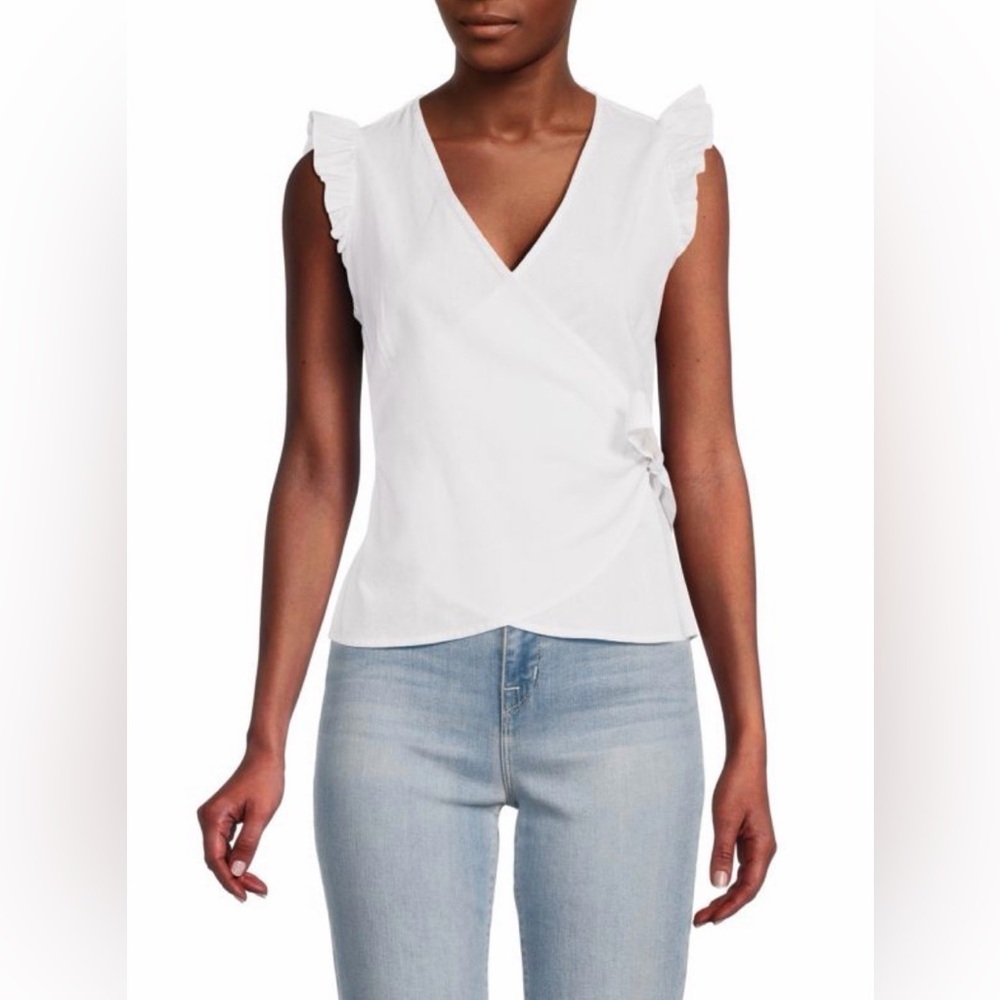🤍 Saks Fifth Ave White Linen Blend Faux Wrap Top - Size Small